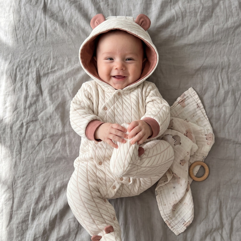 Baby im Bärchen-Strampler auf dem Bett