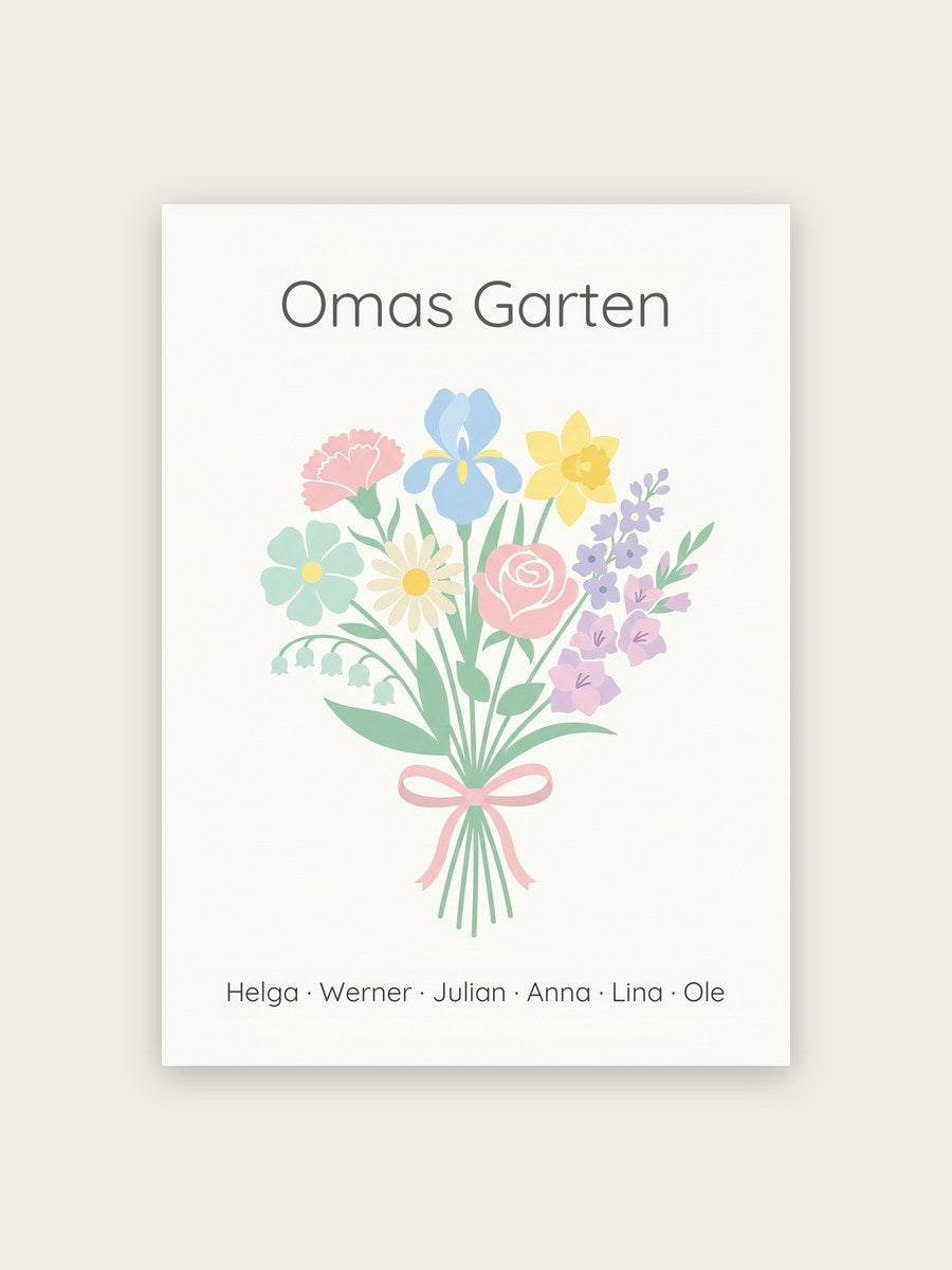 Geburtsblumen Familienstrauß Scandi Pastell (Variante 4) – Omas Garten mit Namen