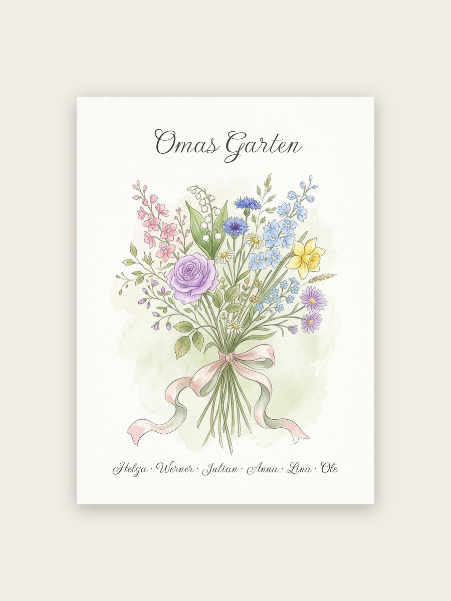 Geburtsblumen Familienstrauß Wildwiese (Variante 5) – Omas Garten mit Namen