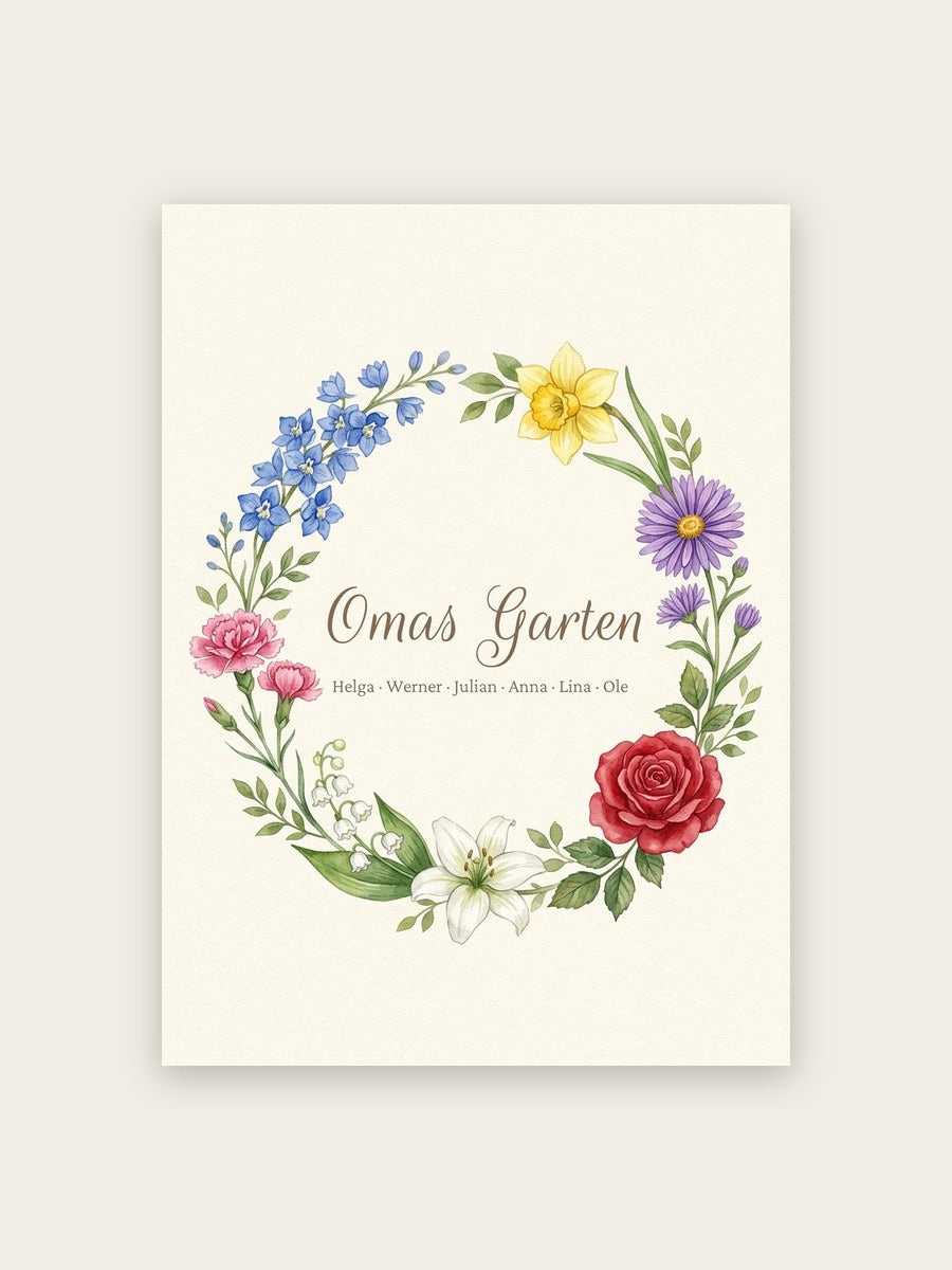 Geburtsblumen Familienstrauß Blumenkranz (Variante 6) – Omas Garten mit Namen