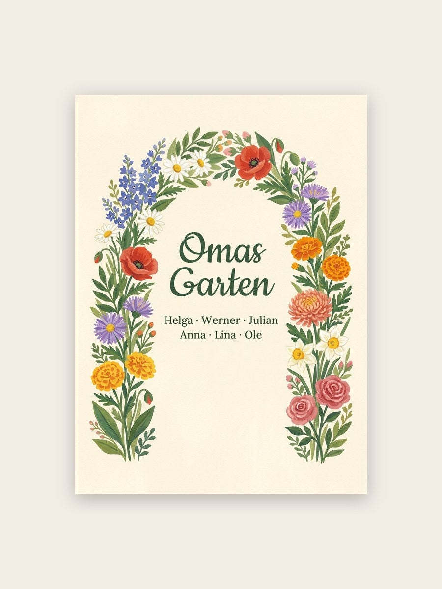 Geburtsblumen Familienstrauß Blumenbogen (Variante 9) – Omas Garten mit Namen