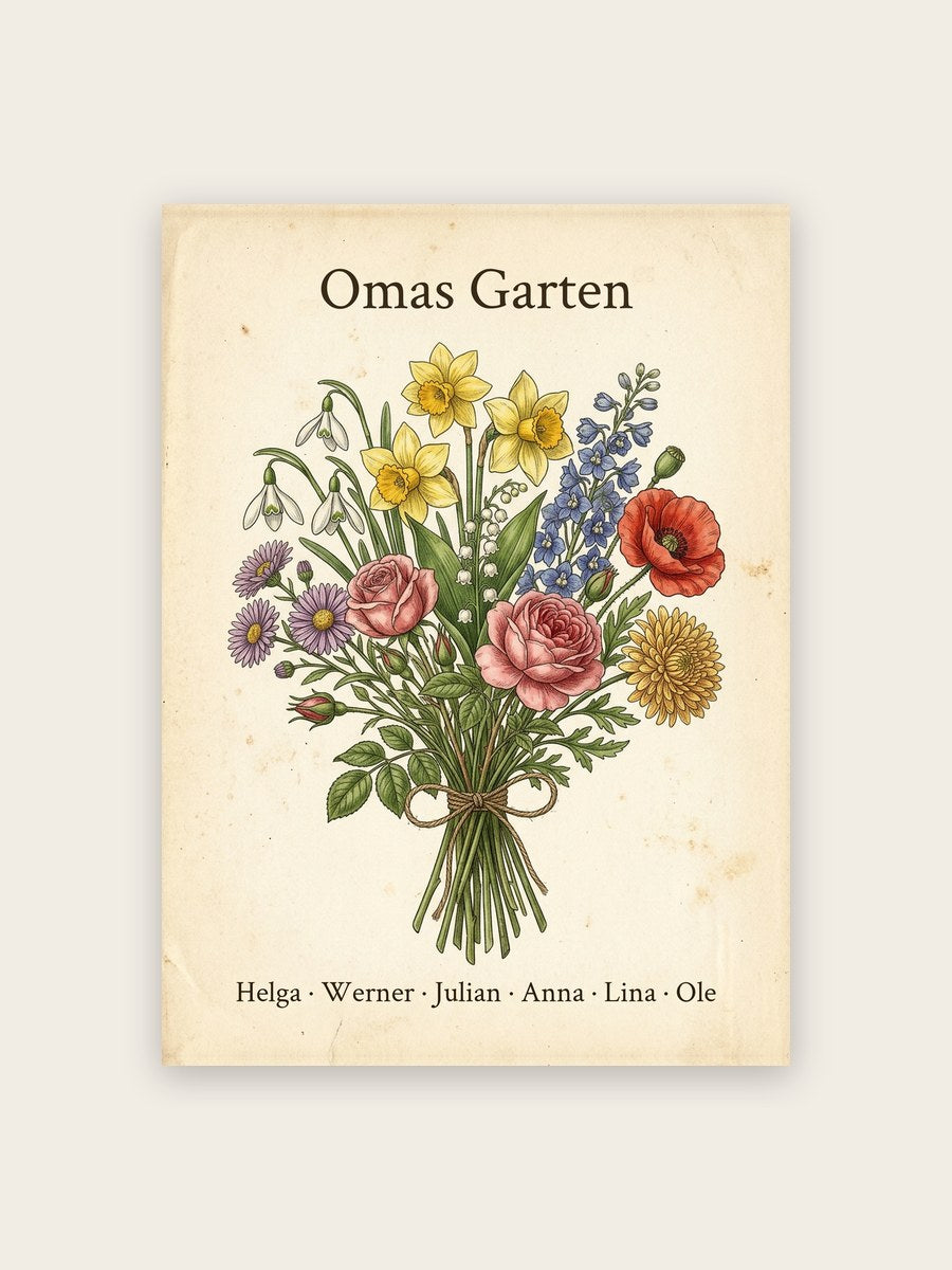 Geburtsblumen Familienstrauß Vintage (Variante 2) – Omas Garten mit Namen