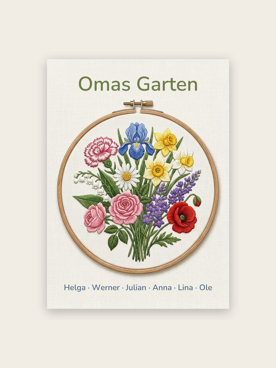 Geburtsblumen Familienstrauß Stickrahmen (Variante 10) – Omas Garten mit Namen