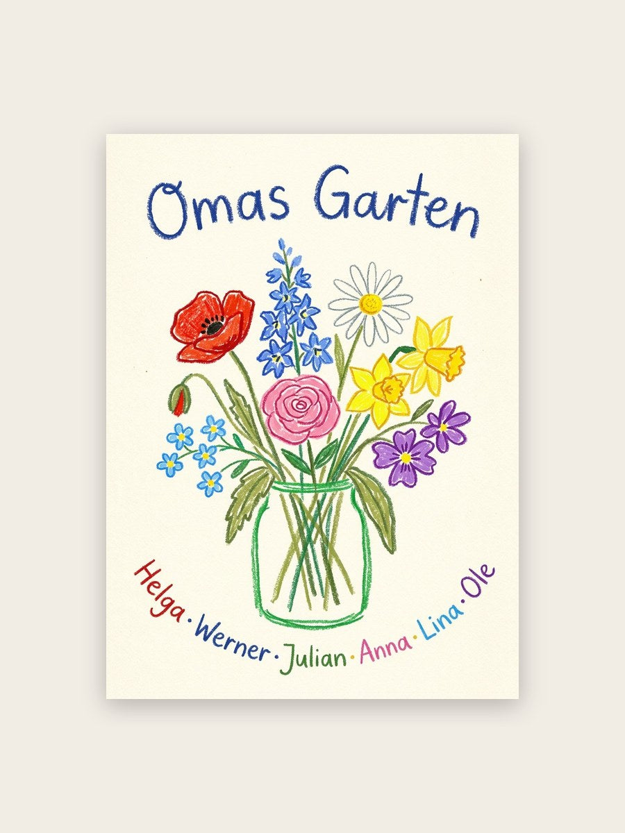 Geburtsblumen Familienstrauß Kinderzeichnung (Variante 11) – Omas Garten mit Namen