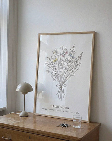 Example photo: Birth flower family bouquet fine lines (Variant 13) – „Omas Garten“ (Grandma's garden) with names