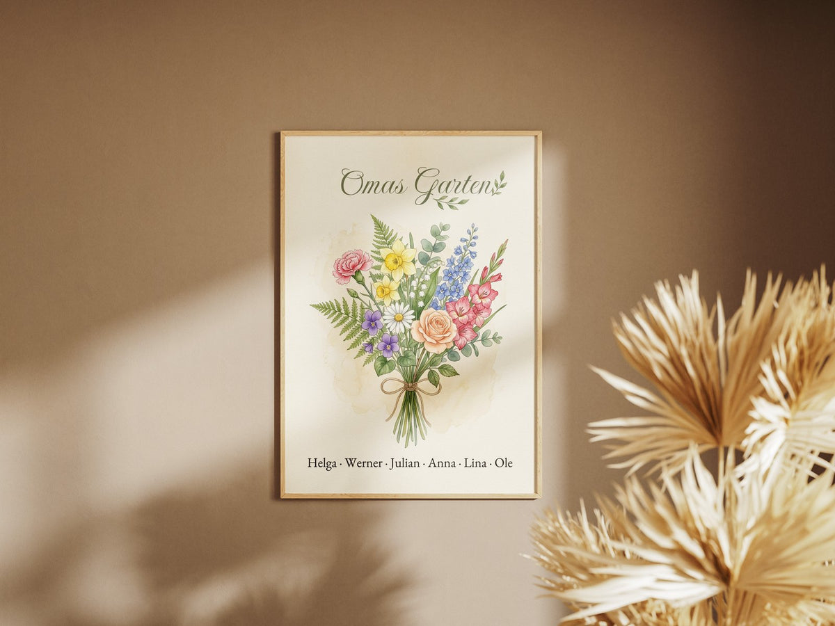 Geburtsblumen Familienstrauß Aquarell (Variante 1) – Omas Garten mit Namen an der Wand – Walleria