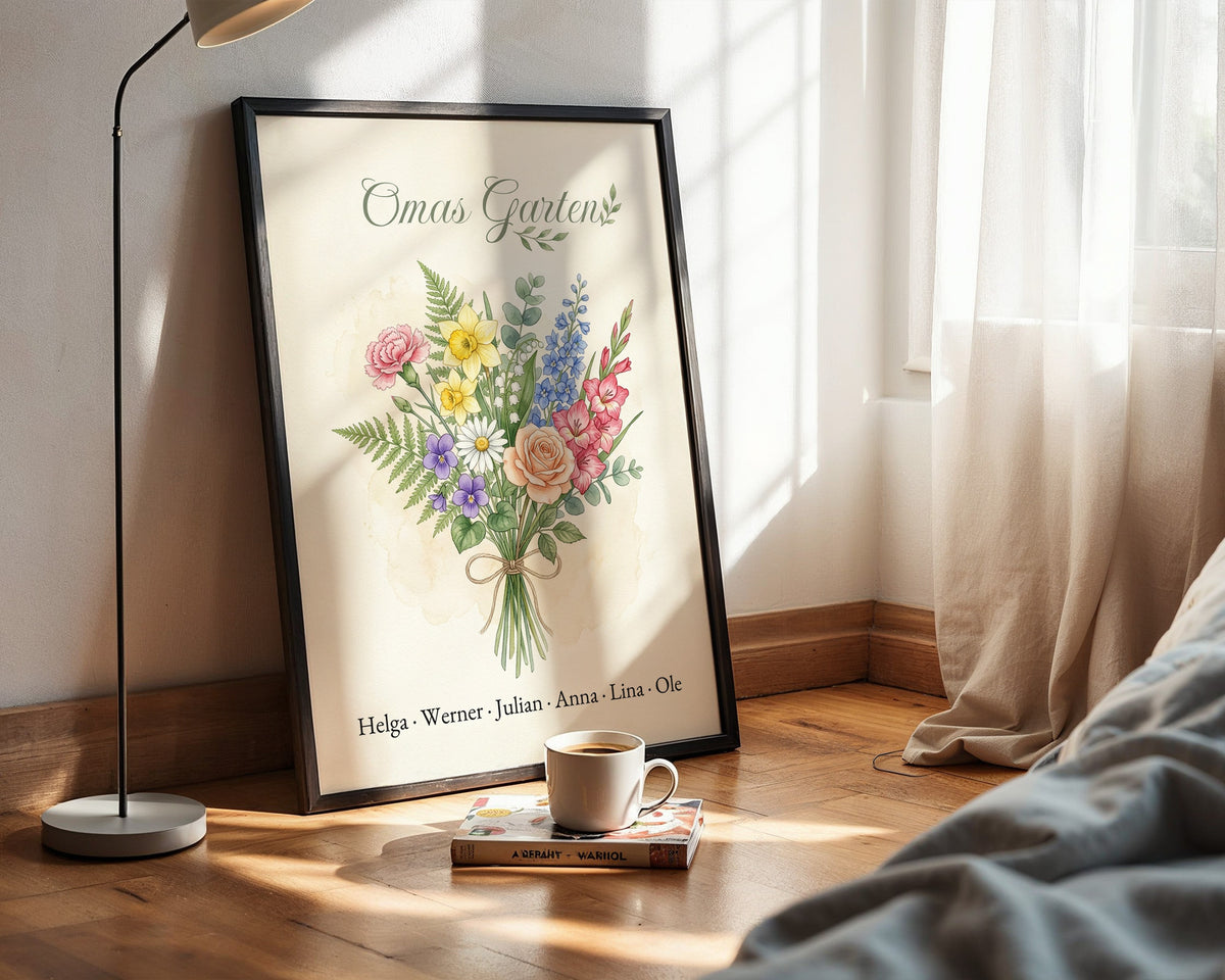 Birth flower family bouquet watercolour (Variant 1) – „Omas Garten“ (Grandma's garden) with names – poster in a bedroom