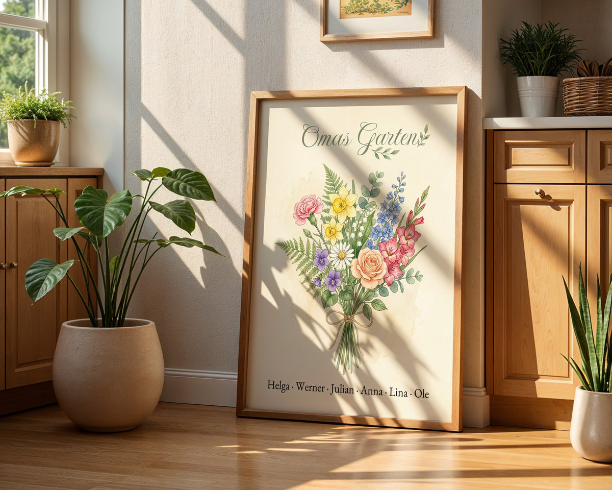 Birth flower family bouquet watercolour (Variant 1) – „Omas Garten“ (Grandma's garden) with names – framed poster on the wall