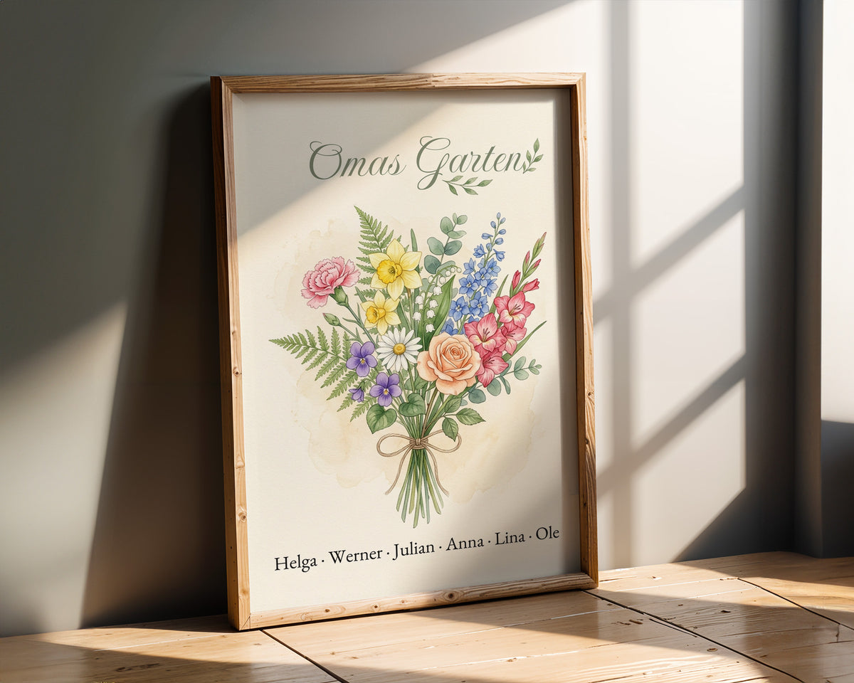 Birth flower family bouquet watercolour (Variant 1) – „Omas Garten“ (Grandma's garden) with names – framed poster on the wall