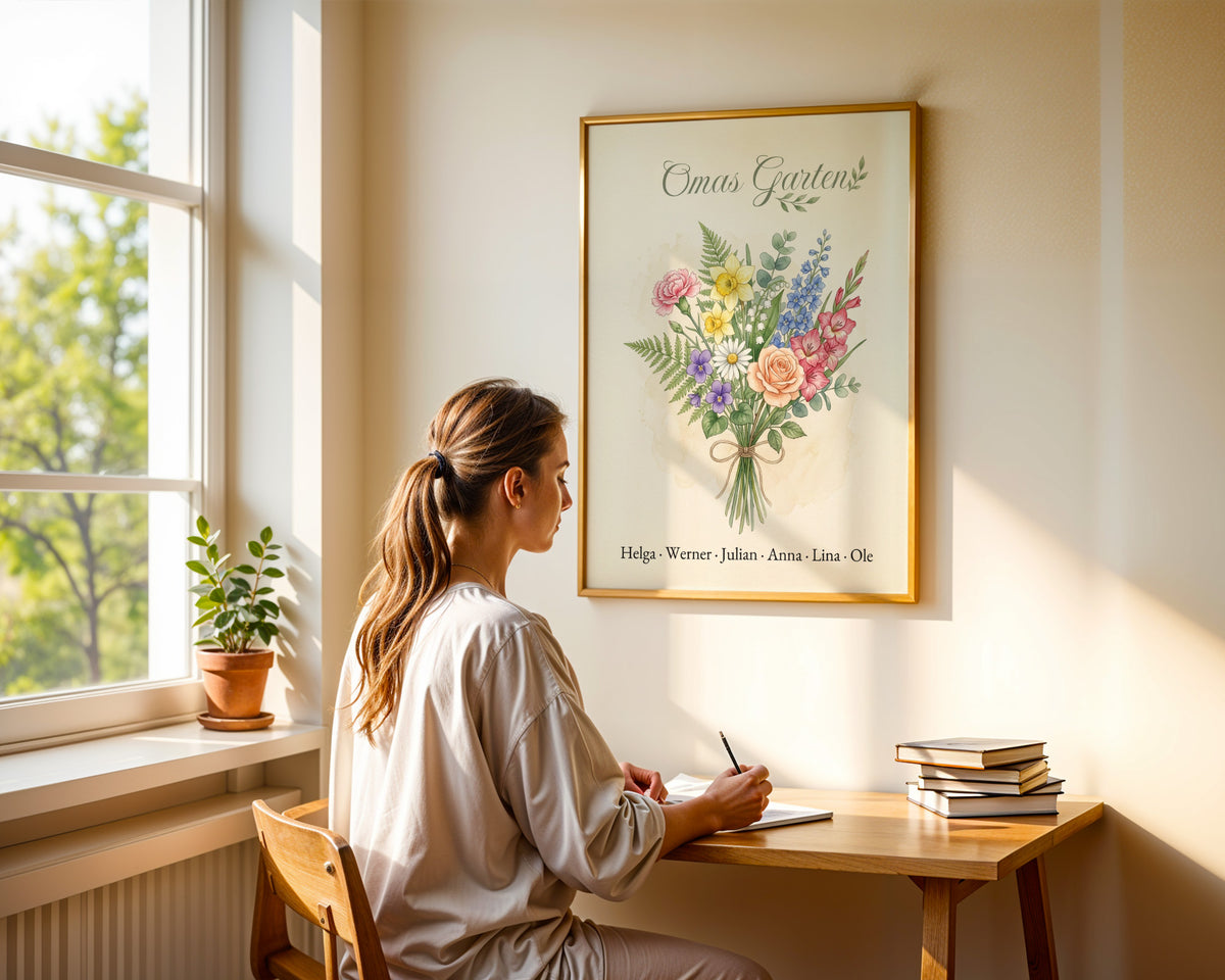 Birth flower family bouquet watercolour (Variant 1) – „Omas Garten“ (Grandma's garden) with names – framed poster held in hand