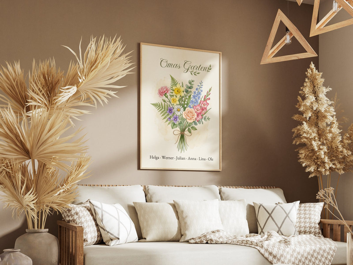 Birth flower family bouquet watercolour (Variant 1) – „Omas Garten“ (Grandma's garden) with names – framed poster on the wall