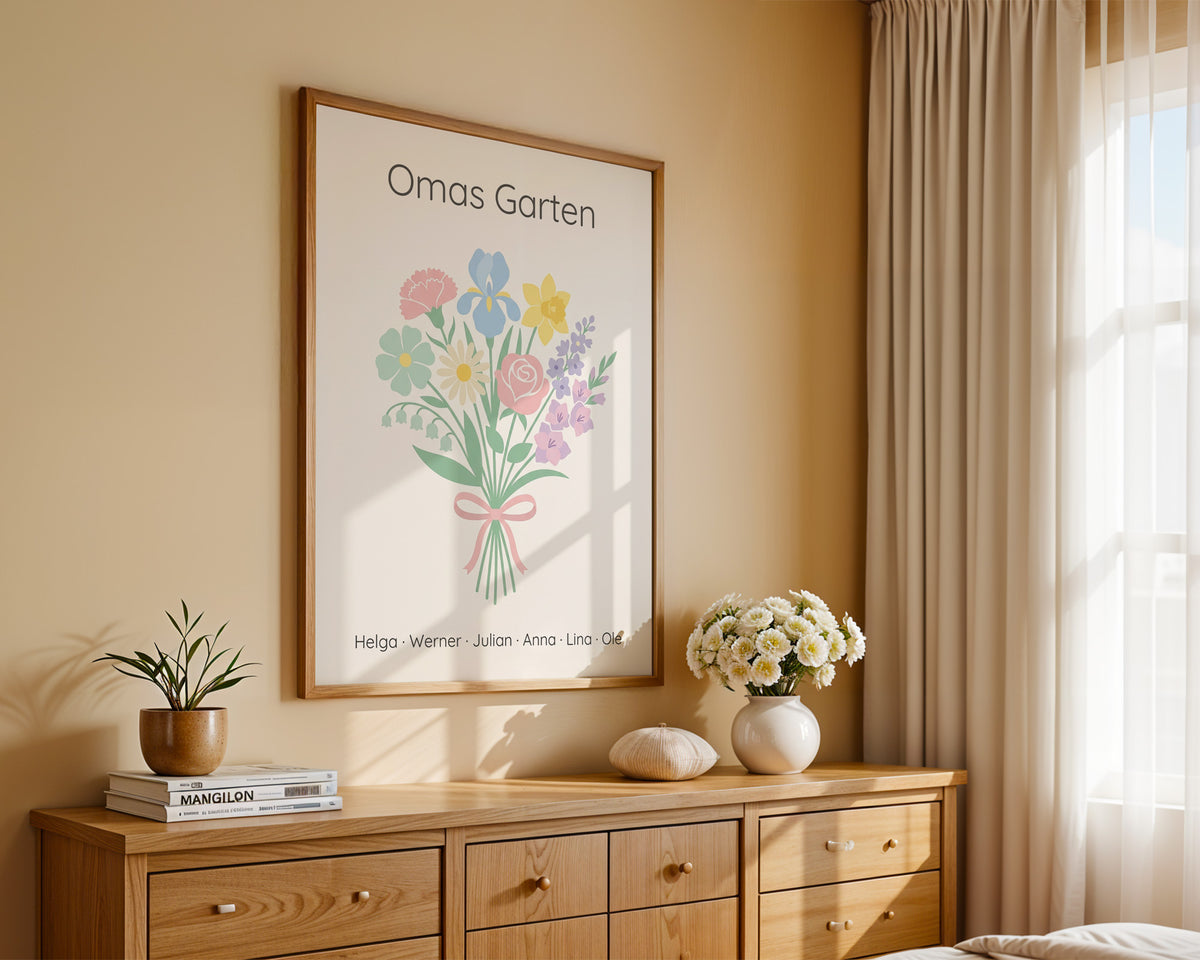 Geburtsblumen Familienstrauß Scandi Pastell (Variante 4) – Omas Garten mit Namen – Poster im Schlafzimmer