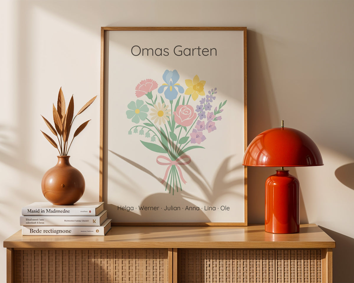 Geburtsblumen Familienstrauß Scandi Pastell (Variante 4) – Omas Garten mit Namen – gerahmtes Poster an der Wand