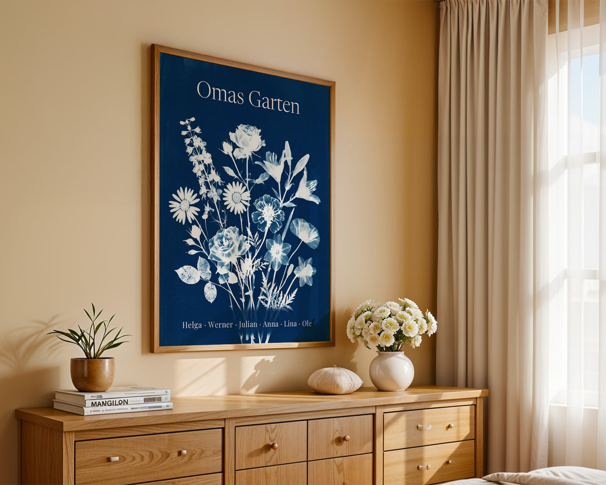 Geburtsblumen Familienstrauß Blaupause (Variante 12) – Omas Garten mit Namen – Poster im Schlafzimmer