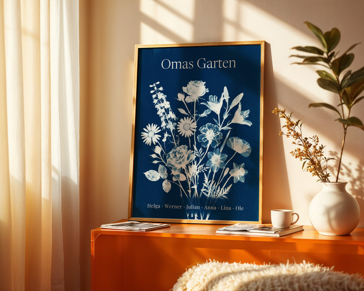Geburtsblumen Familienstrauß Blaupause (Variante 12) – Omas Garten mit Namen – gerahmtes Poster an der Wand