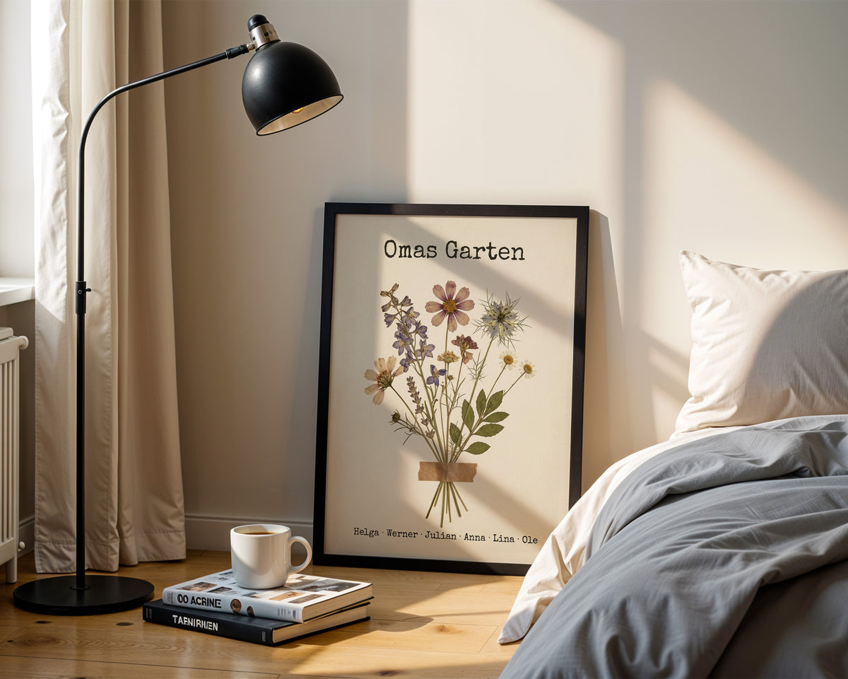 Birth flower family bouquet pressed flowers (Variant 7) – „Omas Garten“ (Grandma's garden) with names – poster in a bedroom