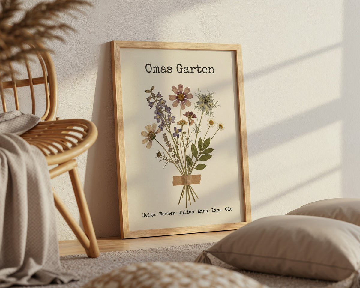 Birth flower family bouquet pressed flowers (Variant 7) – „Omas Garten“ (Grandma's garden) with names – framed poster on the wall
