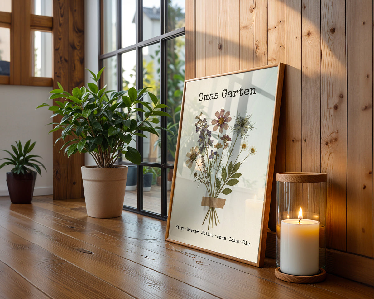 Birth flower family bouquet pressed flowers (Variant 7) – „Omas Garten“ (Grandma's garden) with names – framed poster on the wall
