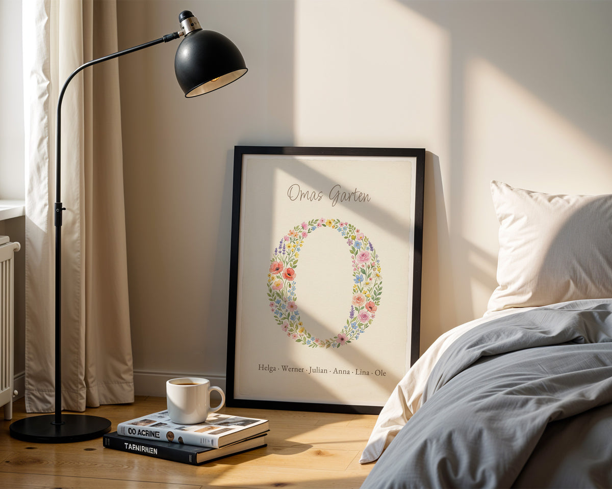 Geburtsblumen Familienstrauß Blüten-Initial (Variante 8) – Omas Garten mit Namen – Poster im Schlafzimmer