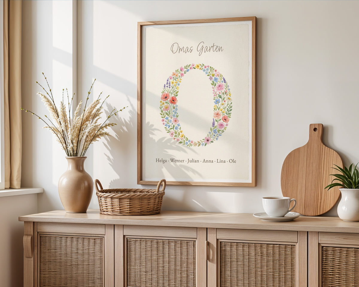 Geburtsblumen Familienstrauß Blüten-Initial (Variante 8) – Omas Garten mit Namen – gerahmtes Poster an der Wand