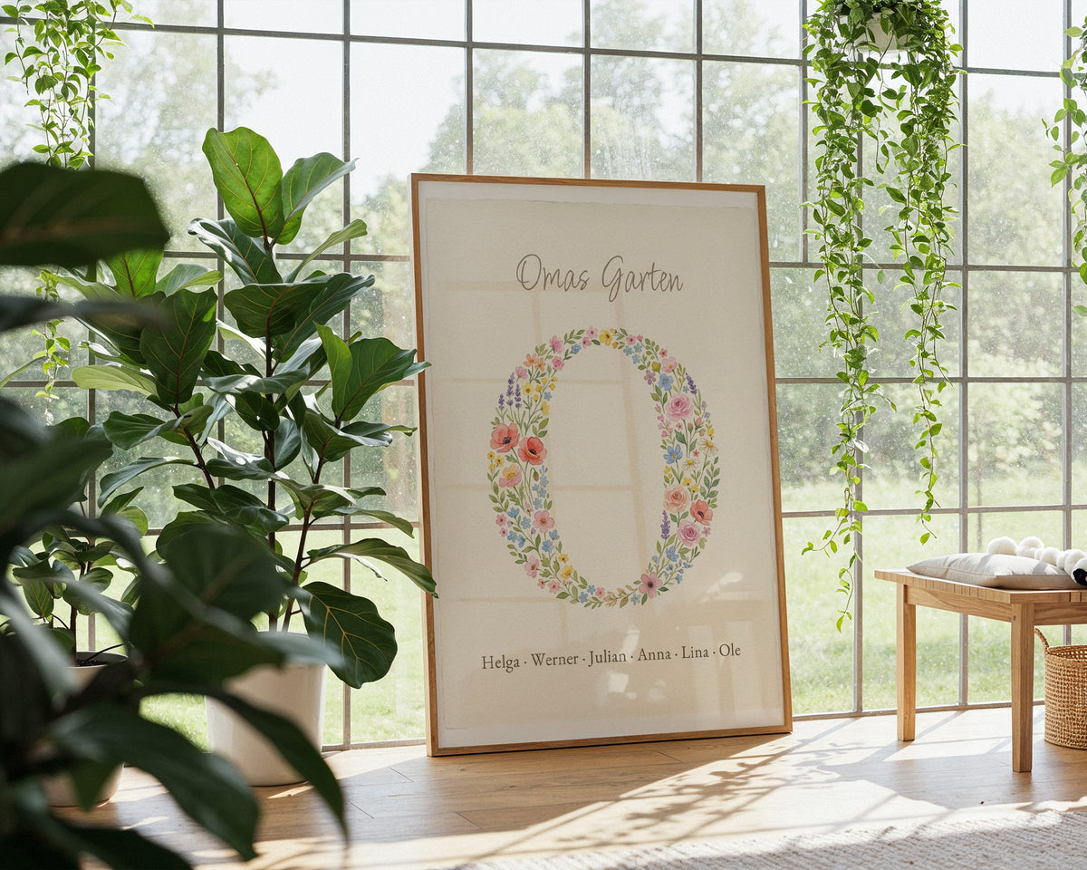 Geburtsblumen Familienstrauß Blüten-Initial (Variante 8) – Omas Garten mit Namen – gerahmtes Poster an der Wand