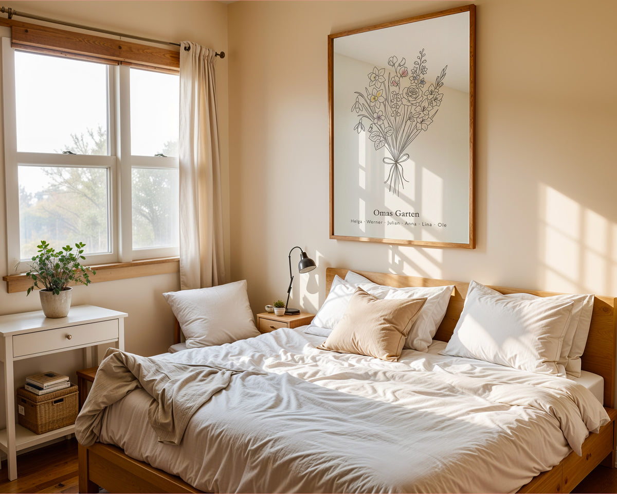Birth flower family bouquet fine lines (Variant 13) – „Omas Garten“ (Grandma's garden) with names – poster in a bedroom