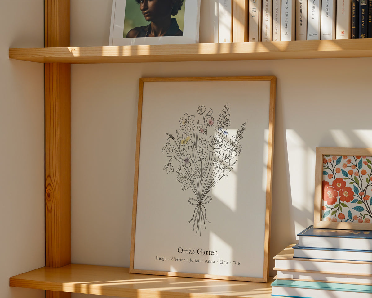 Birth flower family bouquet fine lines (Variant 13) – „Omas Garten“ (Grandma's garden) with names – framed poster on the wall