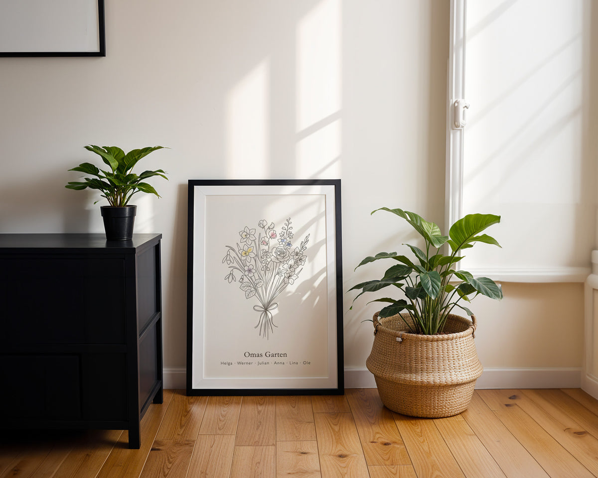 Birth flower family bouquet fine lines (Variant 13) – „Omas Garten“ (Grandma's garden) with names – framed poster on the wall