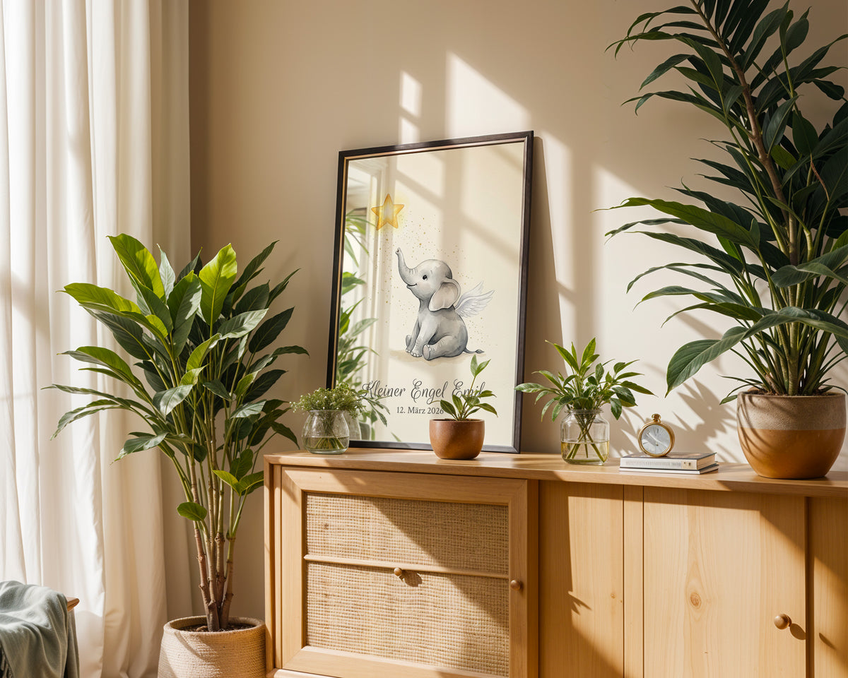 Sternenkind – Engel-Elefant – gerahmtes Poster an der Wand