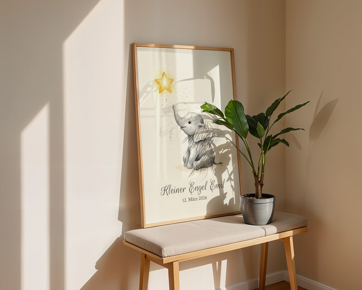 Sternenkind – Engel-Elefant – gerahmtes Poster an der Wand