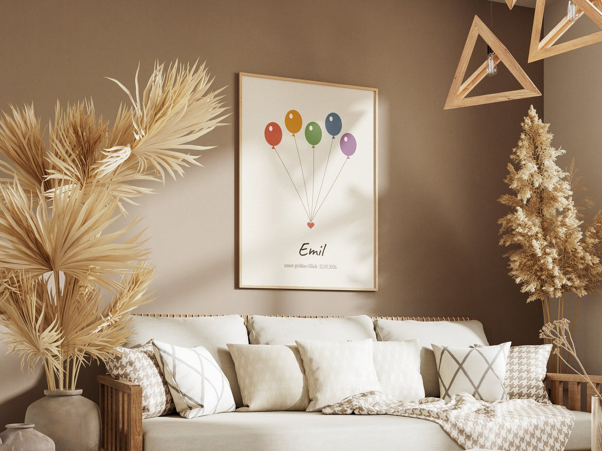 Regenbogenbaby – Ballons – gerahmtes Poster an der Wand