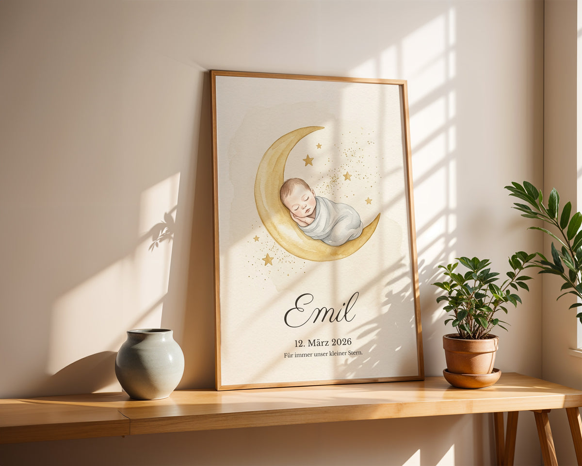 Sternenkind – Mond-Baby Aquarell – gerahmtes Poster an der Wand