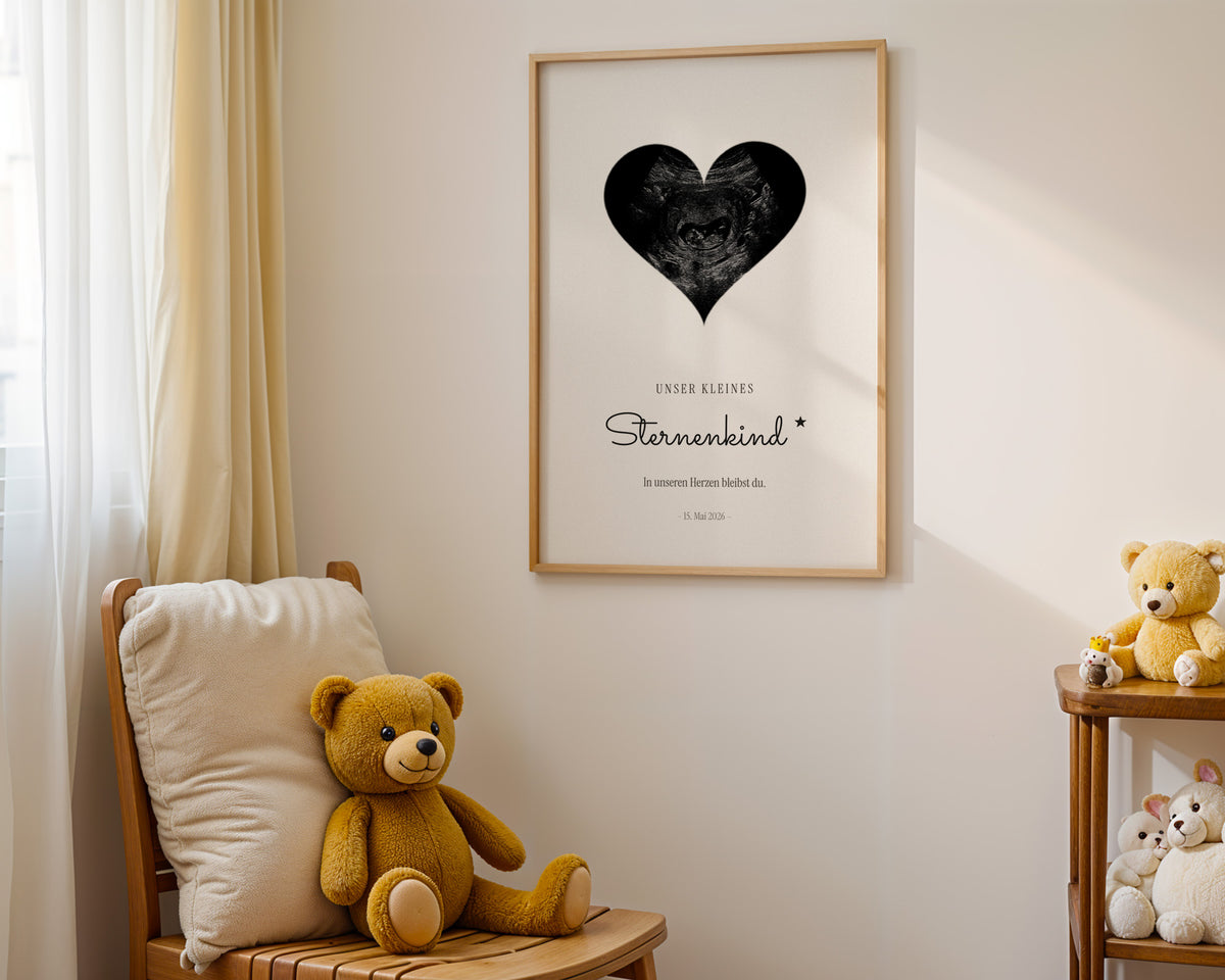 "Sternenkind" (angel baby) – ultrasound image as a heart – poster in a nursery