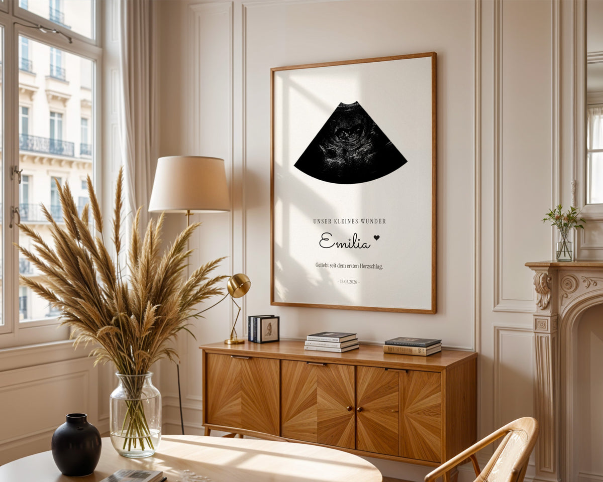 Ultraschallbild – Ultraschallbild in Fächerform – gerahmtes Poster an der Wand