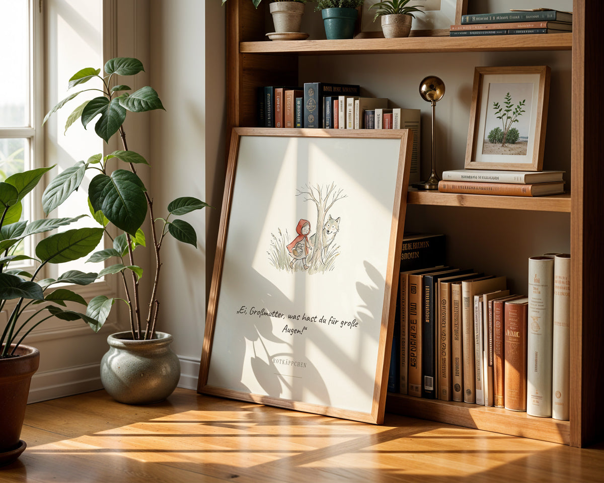 Rotkäppchen – Märchenbild mit Zitat – gerahmtes Poster an der Wand