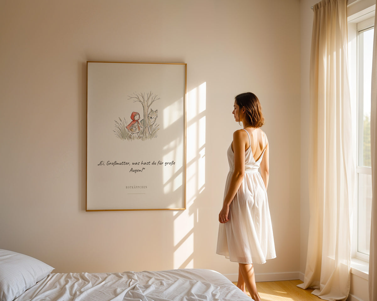 Rotkäppchen – Märchenbild mit Zitat – gerahmtes Poster in der Hand