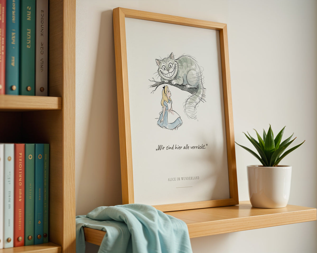 Alice im Wunderland – Grinsekatze Kinderzimmer Bild mit Zitat – gerahmtes Poster an der Wand