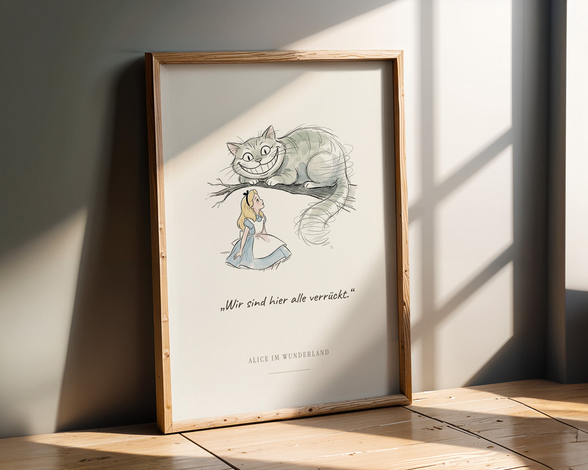 Alice im Wunderland – Grinsekatze Kinderzimmer Bild mit Zitat – gerahmtes Poster an der Wand