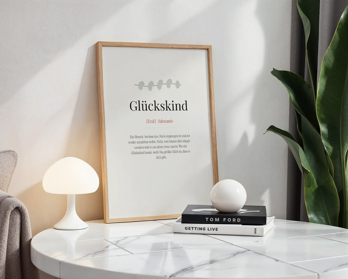 Glückskind (Definition) – gerahmtes Poster an der Wand