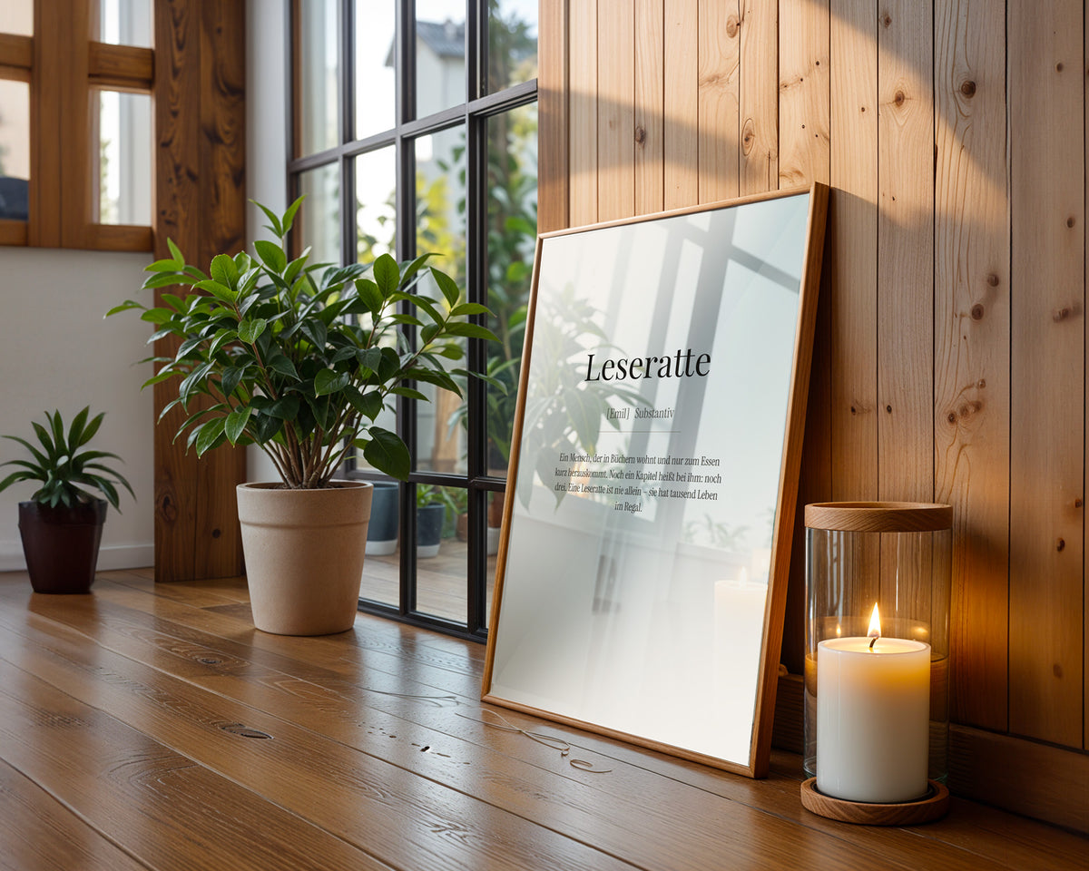 Leseratte (Definition) – gerahmtes Poster an der Wand