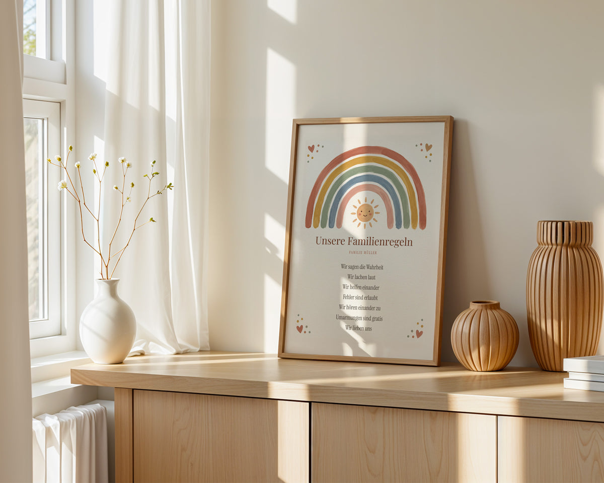 House rules Boho Regenbogen – framed poster on the wall