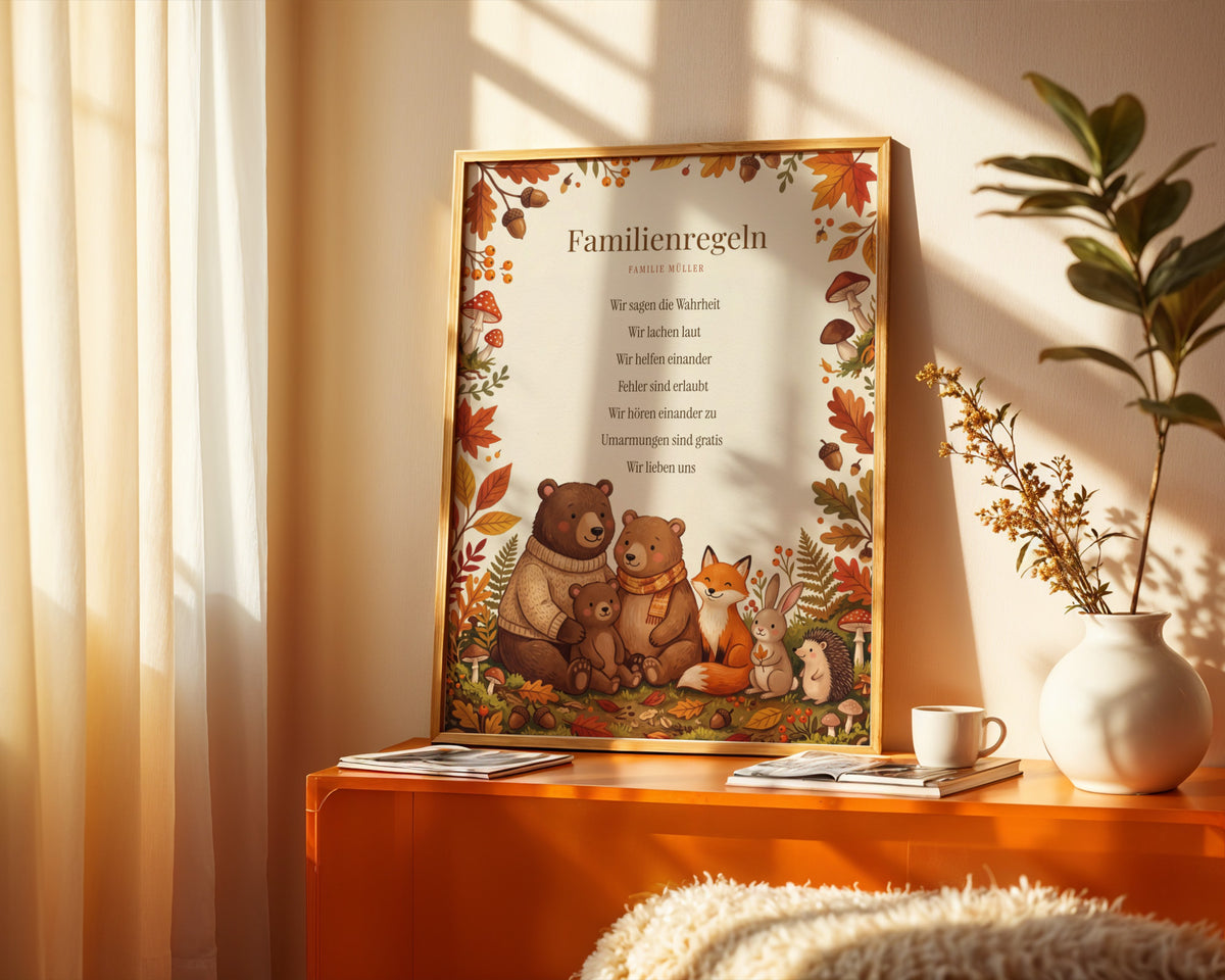 Hausregeln Waldtiere – gerahmtes Poster an der Wand