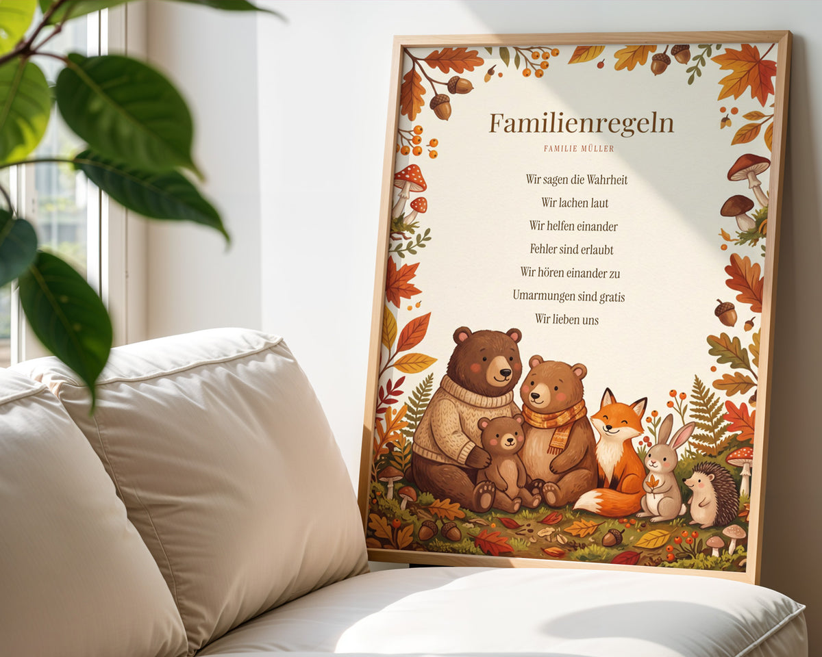 Hausregeln Waldtiere – gerahmtes Poster an der Wand