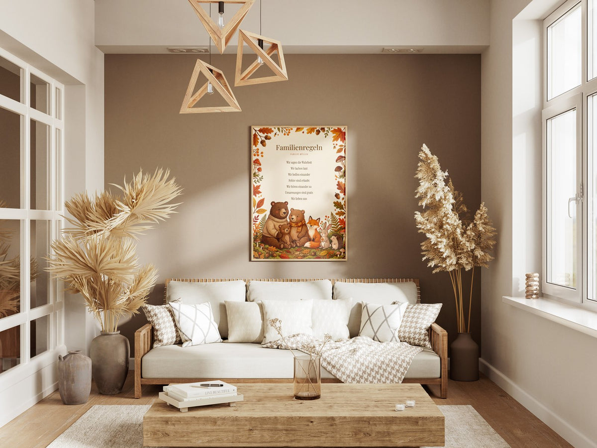 Hausregeln Waldtiere – gerahmtes Poster an der Wand