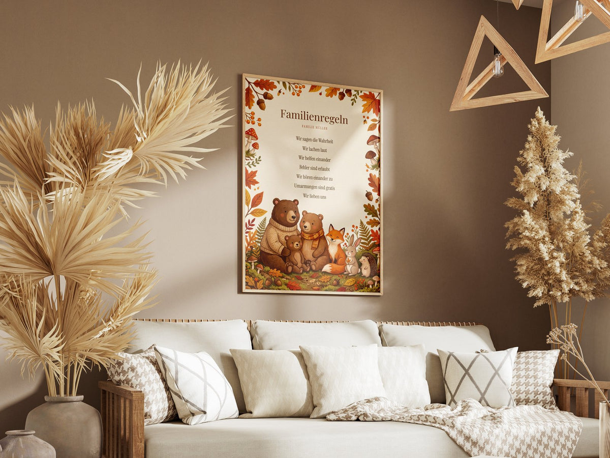 Hausregeln Waldtiere – gerahmtes Poster an der Wand
