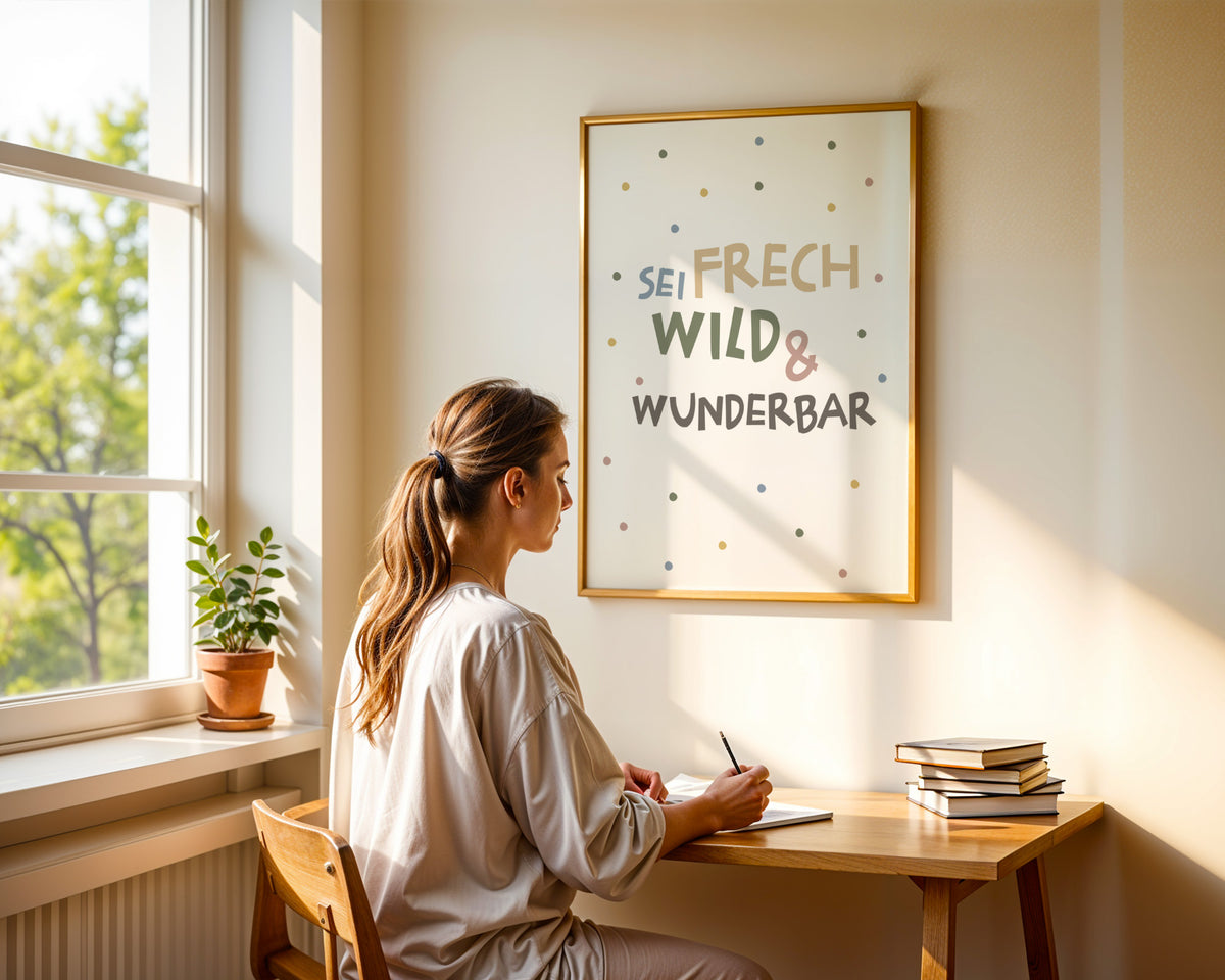 Sei frech wild und wunderbar – gerahmtes Poster in der Hand