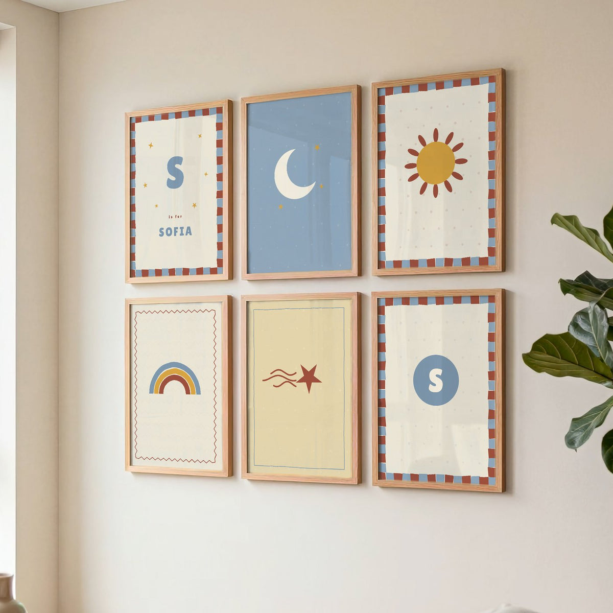 Namensposter 6er-Set „Sterne & Mond“ – gerahmtes Poster an der Wand