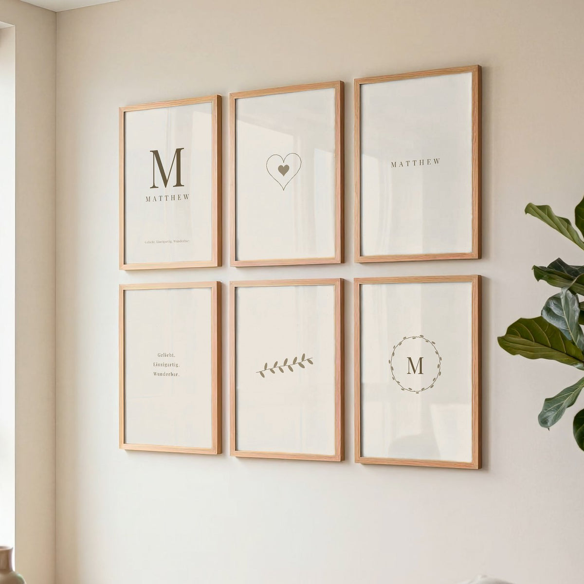 Namensposter 6er-Set „Schlicht Beige“ – gerahmtes Poster an der Wand