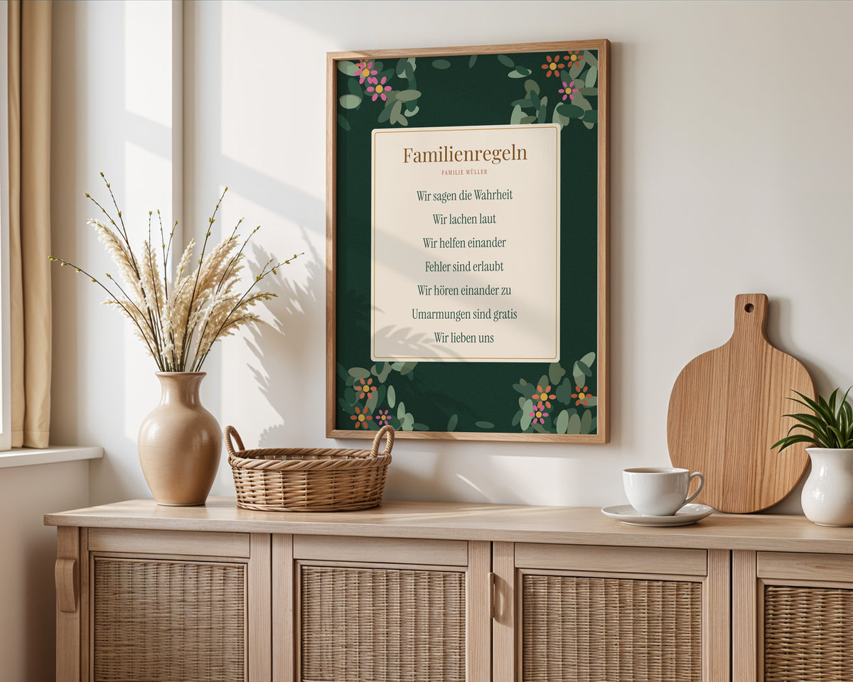 Hausregeln mit Familienname – gerahmtes Poster an der Wand