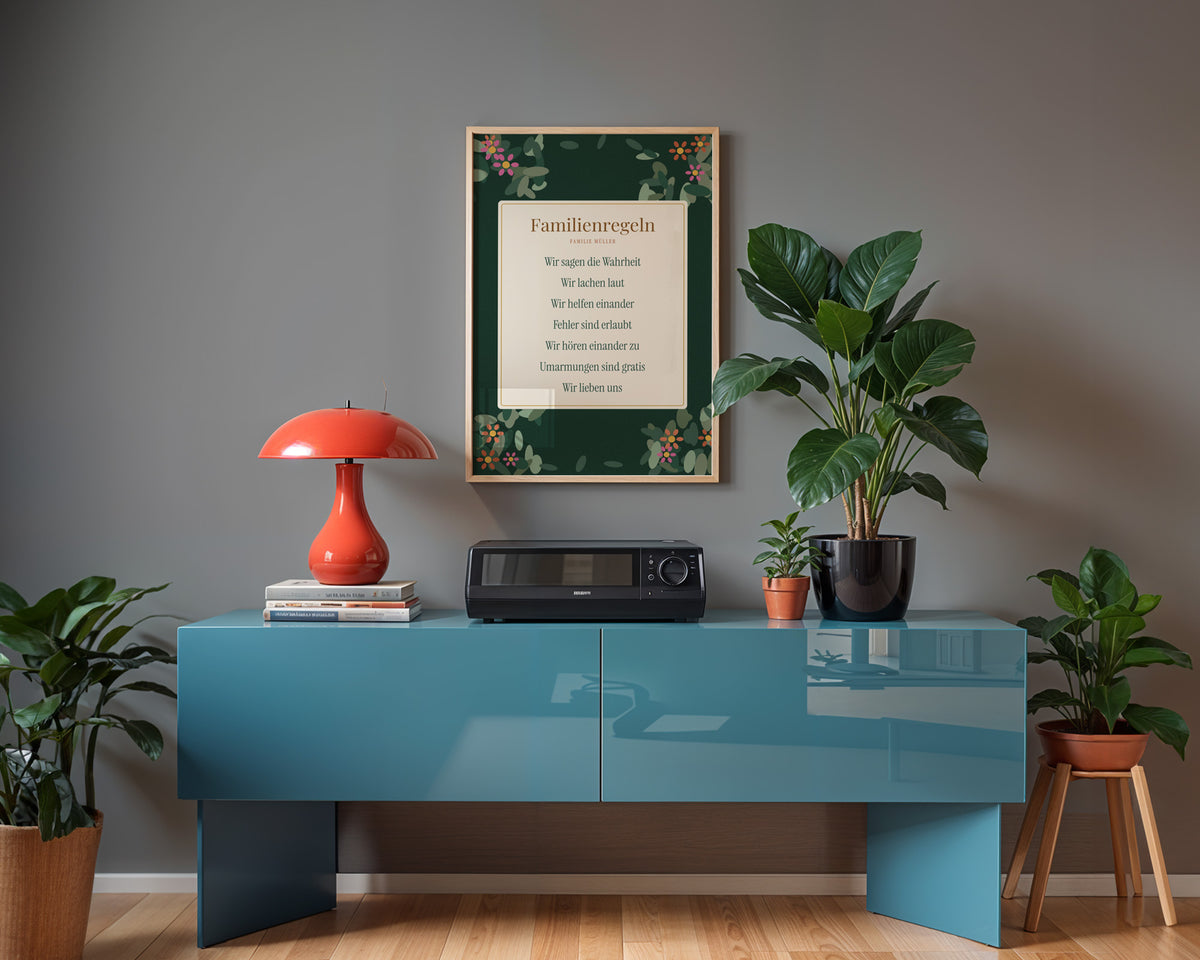 Hausregeln mit Familienname – gerahmtes Poster an der Wand